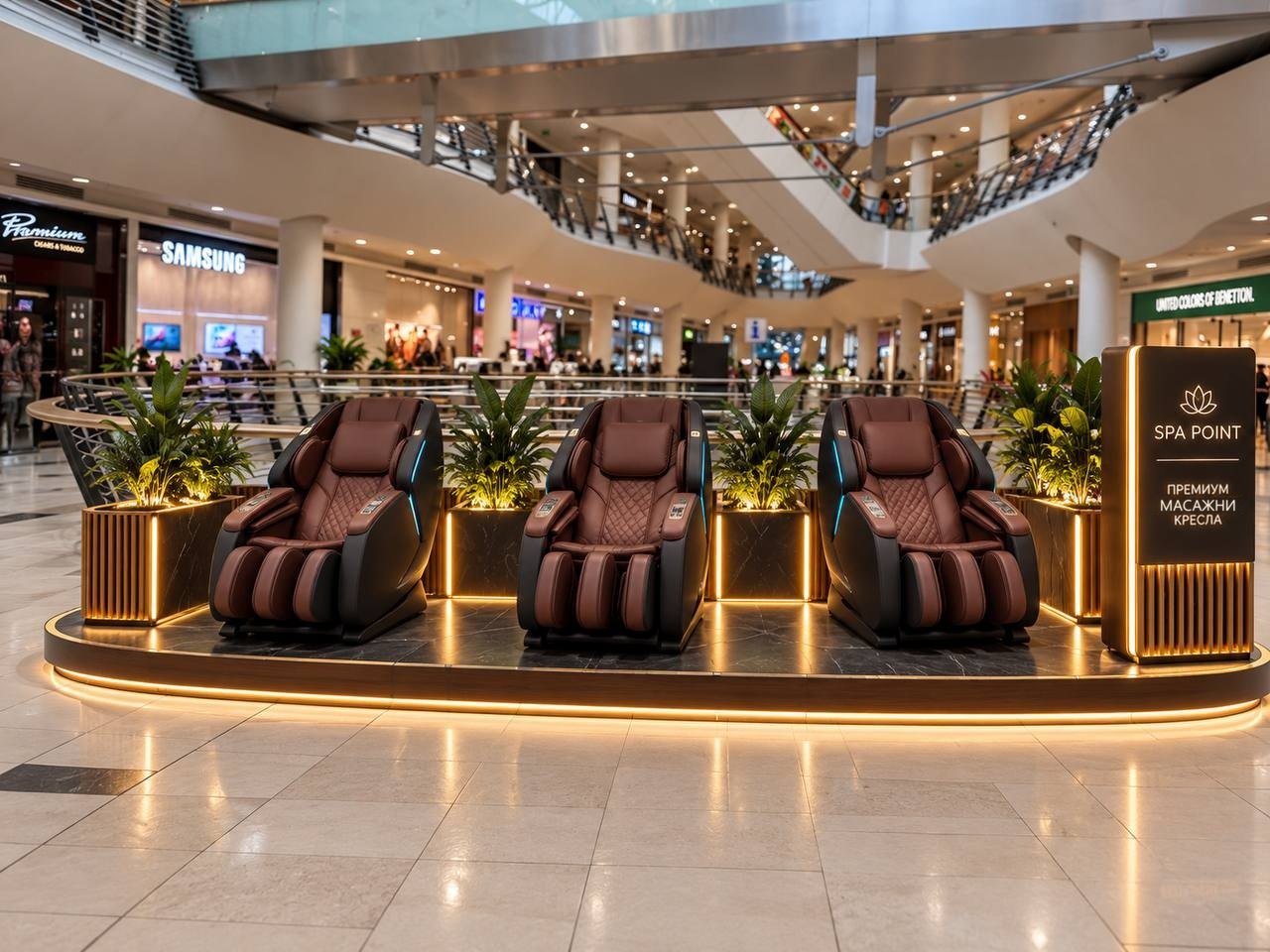 Shopping centre: a three-chair island zone